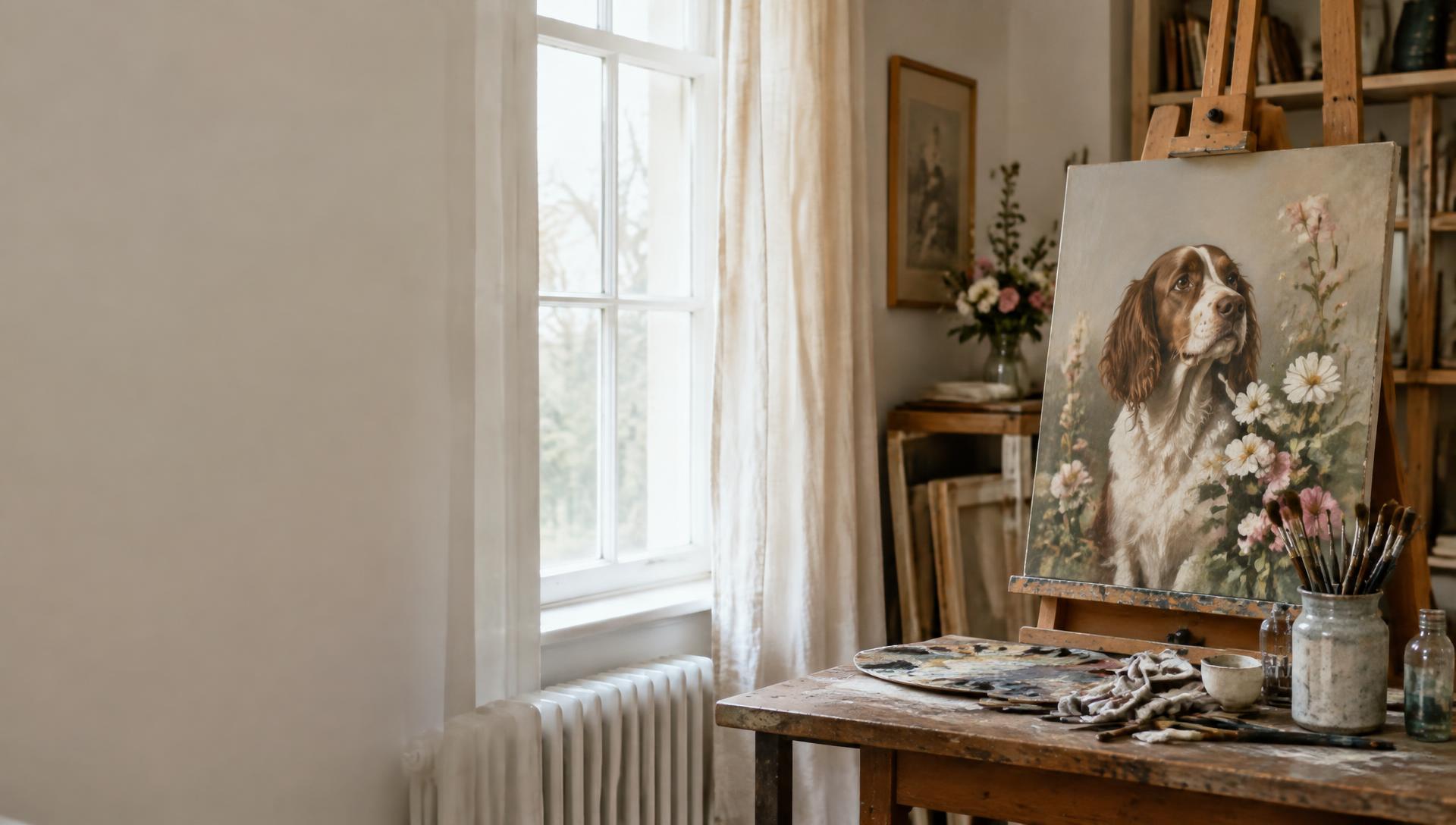 Sunlit painting studio with a floral dog portrait on an easel